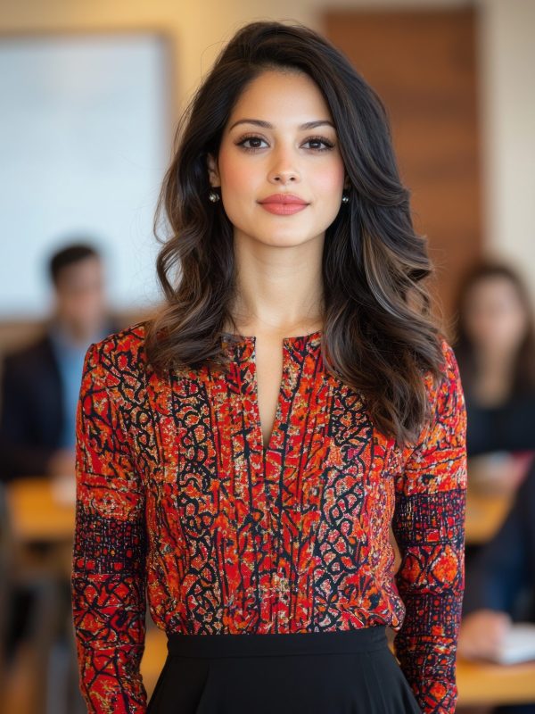 A confident woman poses in a colorful blouse in a workplace environment.